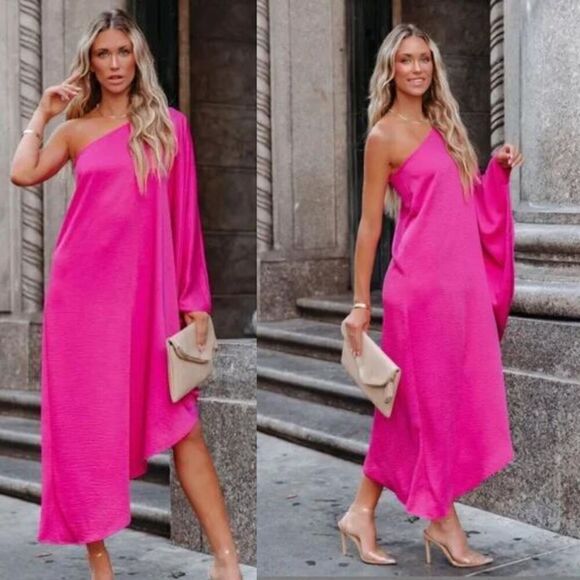 Vici Women's Size S Pink One Shoulder Satin Kaftan Maxi Dress Pullover Flowy - Picture 3 of 14